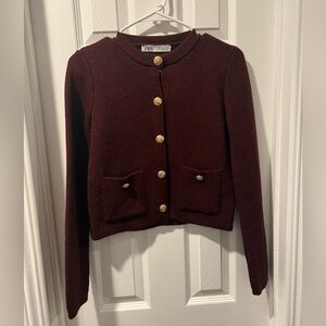 Zara Deep Red Knit Cardigan with Gold Accents